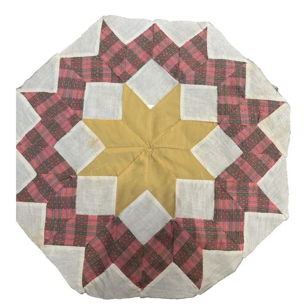 Vintage Hand Pieced Quilt Block Orphan Square 8-Point Star gold/pink/olive 14
